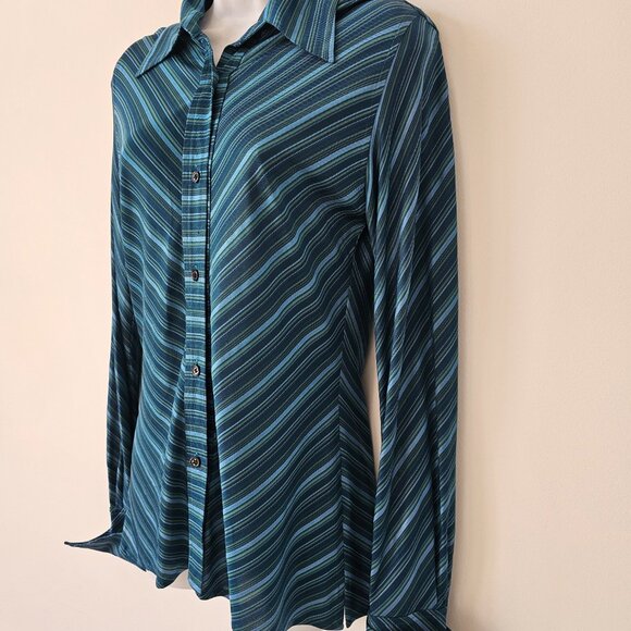 VIRUS Blue Green Teal Stripe Button Front Blouse Top Medium M - Picture 8 of 10